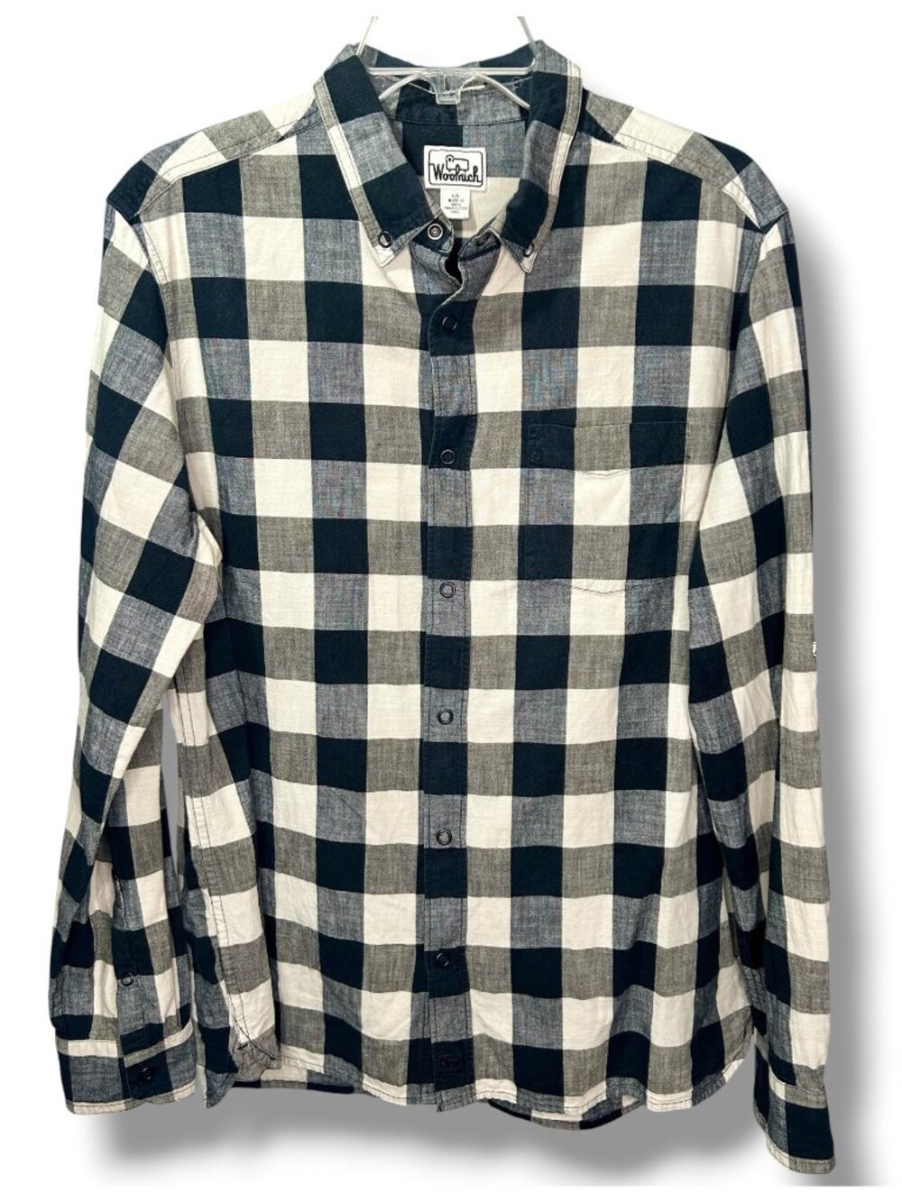Woolrich Mens Black  White Plaid Snap Front Shirt Roll-Tab Sleeves Outdoor